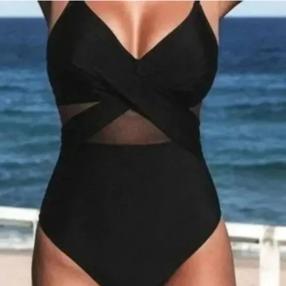 Women's Black One-Piece Swimsuit with Mesh Insets